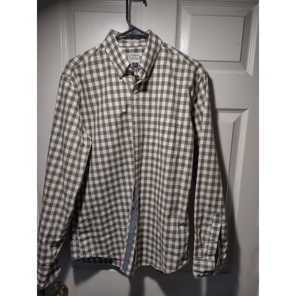 J. Crew Mens Slim Fit Gingham Button Down Shirt Olive Green‎ White Cotton Size M